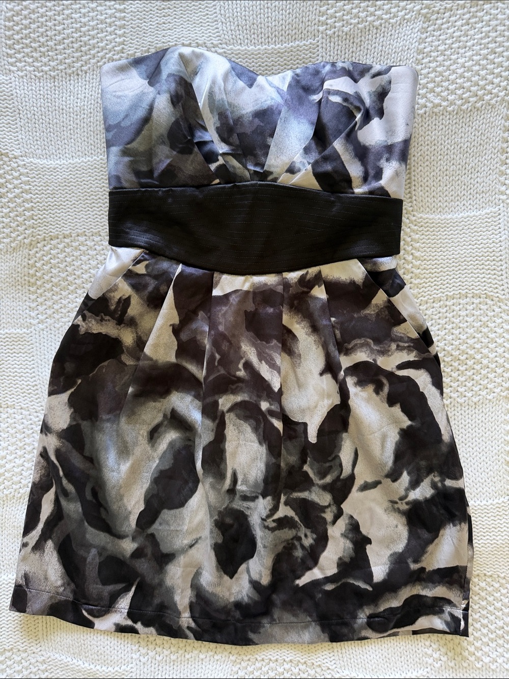 Trixxi Strapless Black and Gray Watercolor Print Dress
